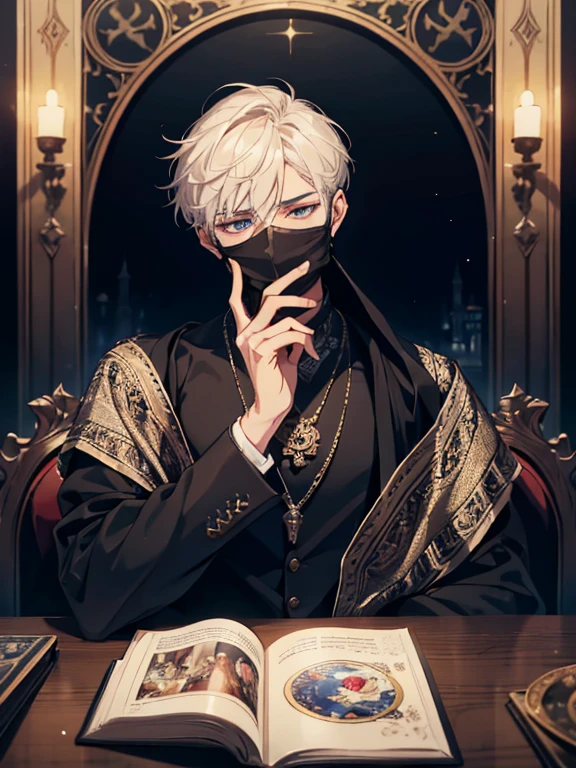 (absurdres, highres, ultra detailed), 1 male, adult, handsome, finely detailed eyes and detailed face, devil eyes looking at him, mysterious mask covering his face, night sky, the lovers \tarot\, Symbolism, Visual art, Occult, Universal, Vision casting, Philosophical, Iconography, Numerology, Popularity, Artistic, Alphone Mucha, short hair, smile, calm expression