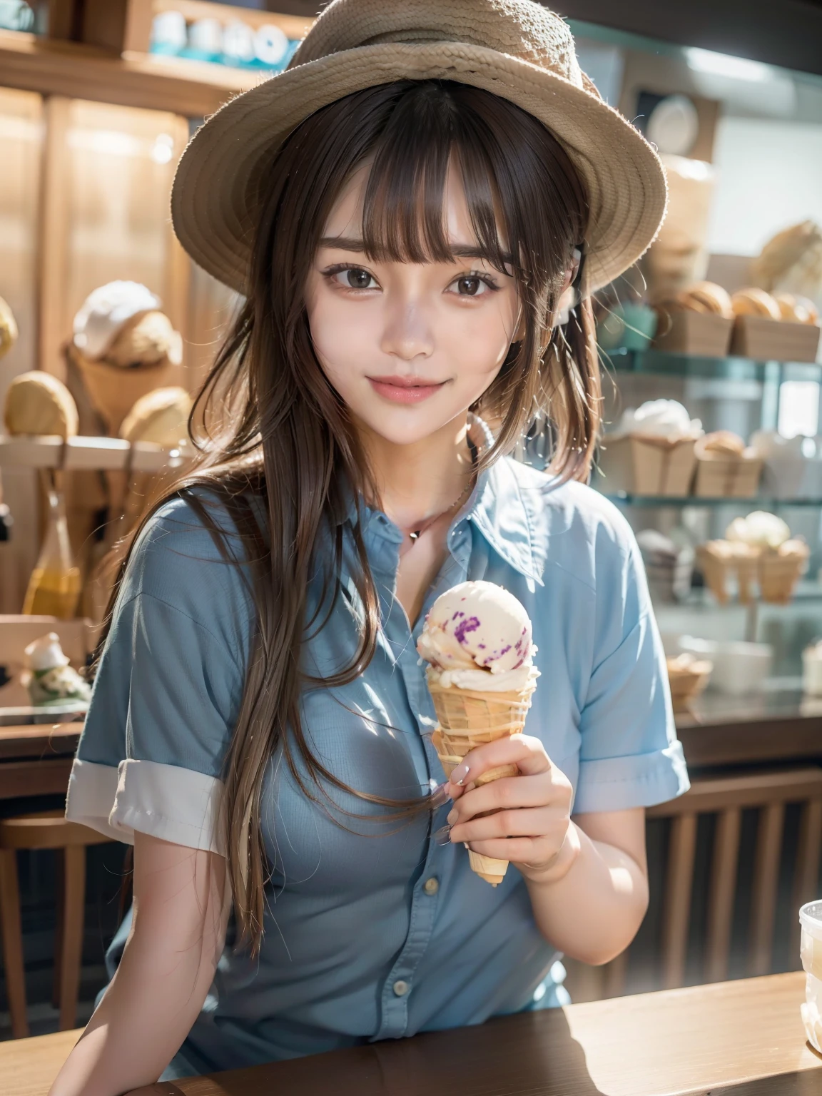 masterpiece, Beautiful single girl,Beautiful Eyes， Good Eyes， highest quality， Hyper HD， （Realistic： 1.4）， Cinema Lighting， Asian Beauty， China， so beautiful， Beautiful Skin， slim， （ultra photoRealisticim）， （High resolution）， （8k）， （Very detailed）， （Best illustrations）， （美しくてBeautiful Eyes）， （Very detailed）， （wallpaper）， Detailed face，The MILF Next Door， Bright lighting， Professional Lighting,（Emphasize large breasts),(Thirty One Ice Cream Shop:1.5),(Delicious ice cream: 1.3), (Clerk in a hat:1.4) , (Black Hair) and (Brown eyes), ponytail, (Bright smile: 1.3), (Audience: 1.3), (Bokeh), 18-year-old,Long Hair,(Brunette Hair）,46 point diagonal bangs，((whole body))，With a smile、
