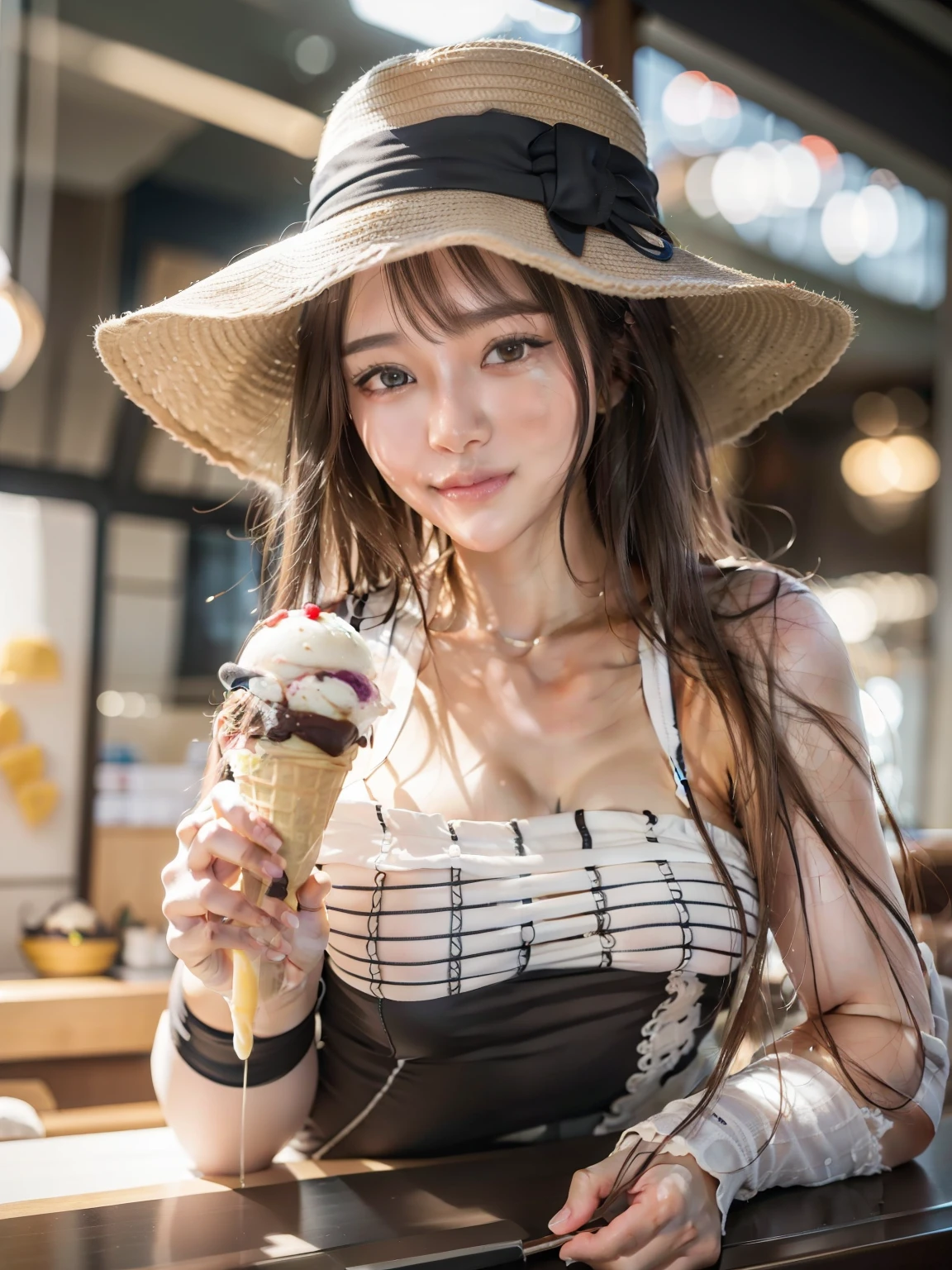 masterpiece, Beautiful single girl,Beautiful Eyes， Good Eyes， highest quality， Hyper HD， （Realistic： 1.4）， Cinema Lighting， Asian Beauty， China， so beautiful， Beautiful Skin， slim， （ultra photoRealisticim）， （High resolution）， （8k）， （Very detailed）， （Best illustrations）， （美しくてBeautiful Eyes）， （Very detailed）， （wallpaper）， Detailed face，The MILF Next Door， Bright lighting， Professional Lighting,（Emphasize large breasts),(Thirty One Ice Cream Shop:1.5),(Delicious ice cream: 1.3), (Clerk in a hat:1.4) , (Black Hair) and (Brown eyes), ponytail, (Bright smile: 1.3), (Audience: 1.3), (Bokeh), 18-year-old,Long Hair,(Brunette Hair）,46 point diagonal bangs，((whole body))，With a smile、