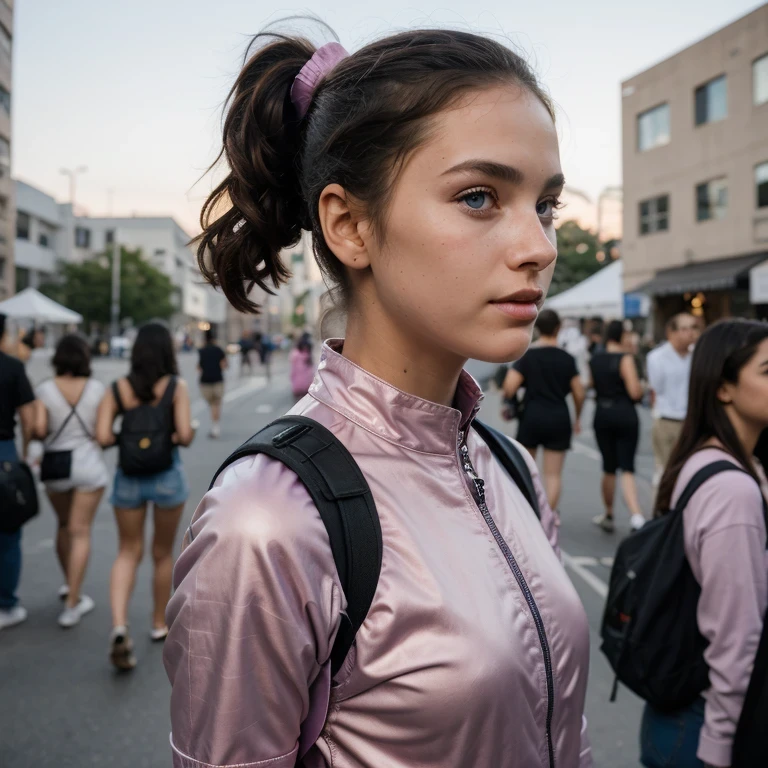 photo of a college student, in Purple Pink, futuristic space suit, (freckles:0.8) cute face, sci-fi, dystopian, detailed eyes, Heterochromia eyes（（Side view））