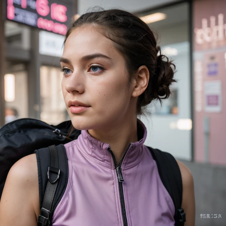 photo of a college student, in Purple Pink, futuristic space suit, (freckles:0.8) cute face, sci-fi, dystopian, detailed eyes, Heterochromia eyes（（Side view））