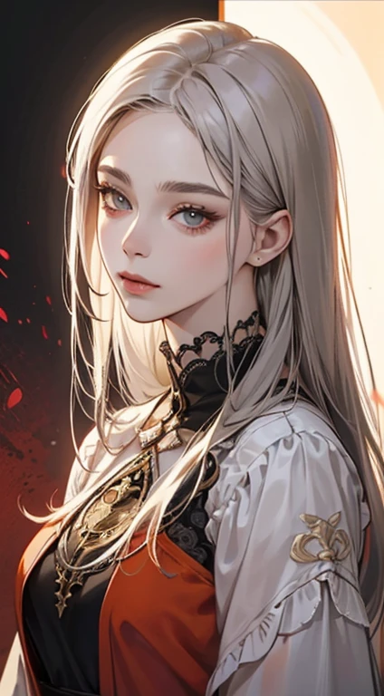 A painting of a woman with gray hair and an orange top, stunning anime face portrait, beautiful character painting, beautiful anime portrait, her image is rendered by red paint, presenting a stunning effect. The painting is very detailed, depicting women's faces and clothing. Her face has a creamy dripping effect, which makes the whole face more vivid. She wears a beautiful detailed outfit with pale gray hair. The proportions are accurate, and the costumes of the female characters are traditionally dressed, showing a classical charm.