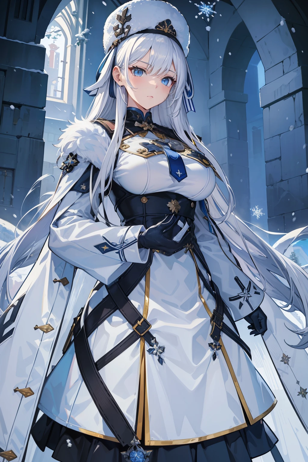 (best quality:1.3), (masterpiece:1.3), (illustration:1.3), (ultra-detailed:1.3), (mid shot:0.9), 1girl, white hair, winter coat, tall, mature, snow, snowy, blue eyes, headwear, winter cap, serious expression, tsurime, large breasts, fur-trimmed coat, winter dress, skirt, snsoyuz, sovetsky soyuz \(azur lane\), gloves,