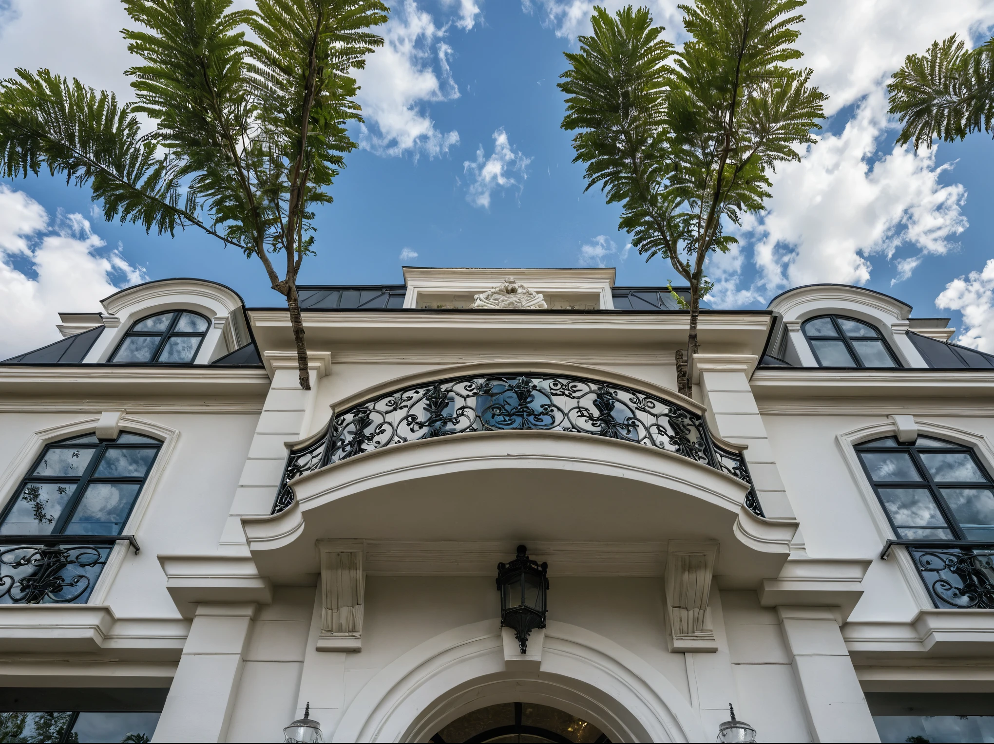 Masterpiece, high quality, best quality, authentic, super detail, outdoors, onestoreyvillaXL, aiaigroup, house style modern on the street ,stairs, white wall ,road,pavement, grass, trees, sky, cloud, (daylight:1.1)