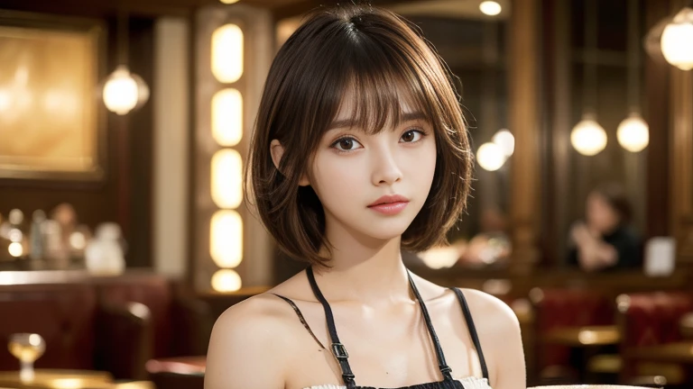 (masterpiece, super detailed, very detailed, exquisite, 16k, disorganized), woman, 19 years old, glamorous, (Suppin breeze:1.4), looking at the viewer, short hair, messy hair, diagonal bangs, brown hair, brown eyes, Upper body, cinematic lighting, Blurry background in focus, Inside a stylish cafe, Urban Cafe 