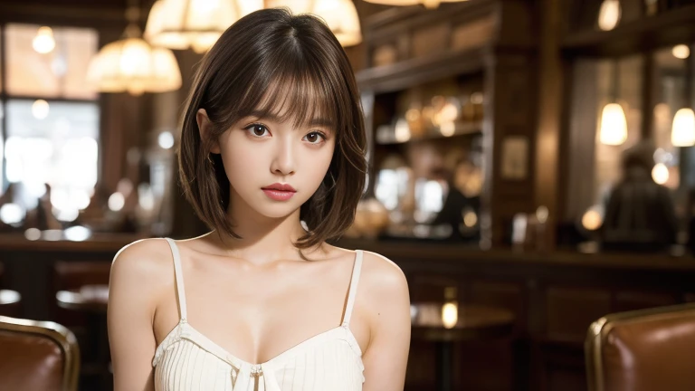 (masterpiece, super detailed, very detailed, exquisite, 16k, disorganized), woman, 19 years old, glamorous, (Suppin breeze:1.4), looking at the viewer, short hair, messy hair, diagonal bangs, brown hair, brown eyes, Upper body, cinematic lighting, Blurry background in focus, Inside a stylish cafe, Urban Cafe 