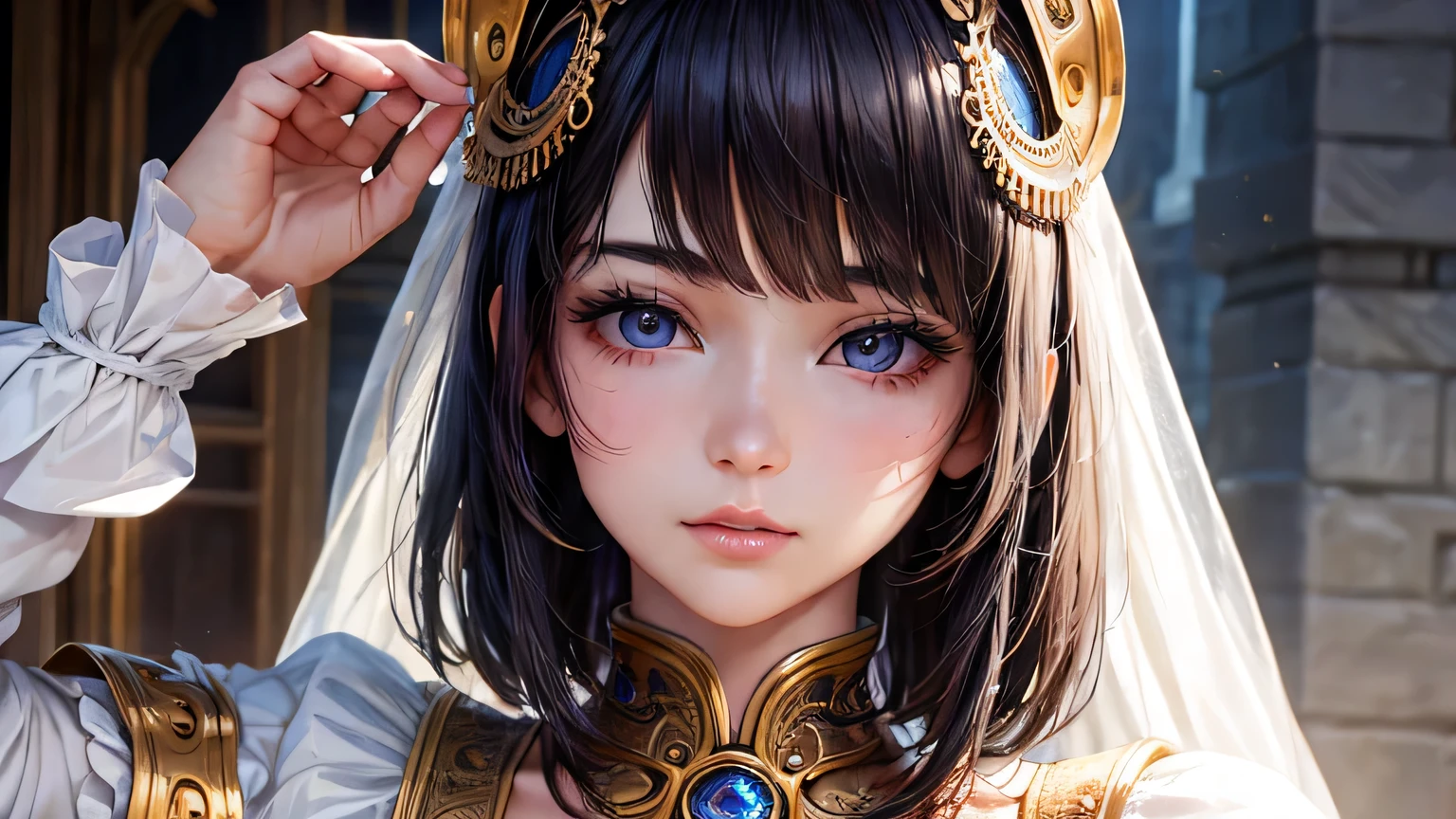 highest quality、masterpiece、Ultra-high resolution、(Realistic:1.4)、1 female、28 years old、Super big 、The ultimate beauty、so beautiful, Shiny, Light、short hair、Bangs that cover the eyes、片Bangs that cover the eyes、Very large bright eyes、Eye highLights、charm、very white and bright skin、Small Face Beauty、look up、Cheek gloss highLight、Detailed steampunk costumes、Steampunk medieval background、Gear elements、