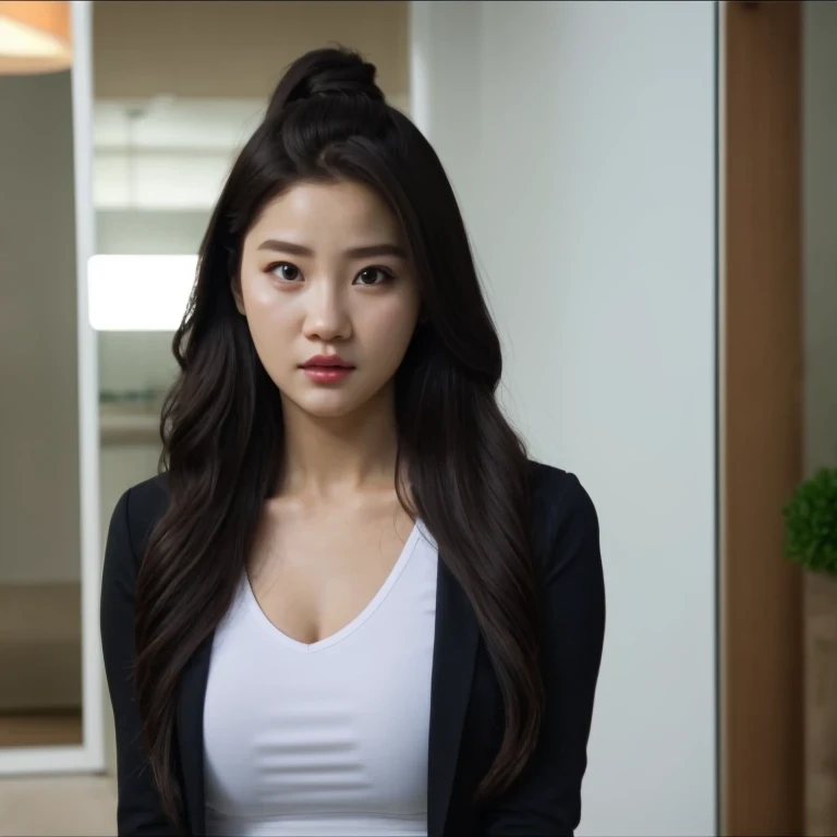 arafed woman with long black hair and a white shirt, she has a distant expression, iu lee ji-eun as a super villain, but a stern look about her, she has a cute expressive face, young wan angel, girl next door innocent look, high drama, sideways glance, kwak ji young, movie screencap, handsome girl, innocent look, brilliant, 1girl, solo