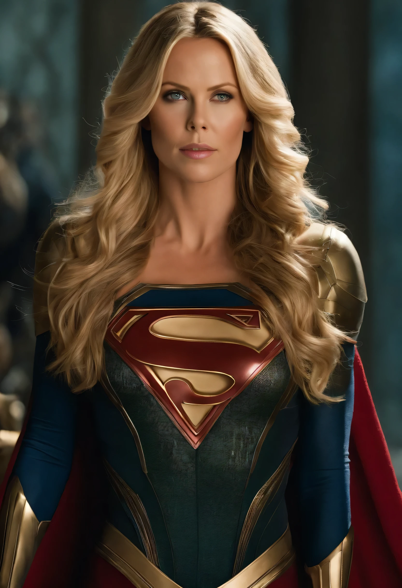 Charlize Theron under the mantle of the Kryptonian Kara Zor-The alias Supergirl surreal and cinematic image long blonde hair ((emblema Kryptoniano en tiara))