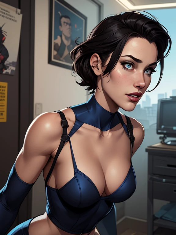 Personagem mulher estilo atompunk Fallout 4 cabelos pretos atriz Ella Purnell com marcas de guerras Imagem de desenho animado de uma mulher .Ilustracaoo estilo desenho animado, estilo de arte dos desenhos animados, estilo de arte dos desenhos animados, digital illustration style, estilo atompunk design de personagens altamente detalhado, arte digital detalhada coragem,actress Ella Purnell with black hair slim body Forest fan art, Design de cabelos pretos personagens de retrato, beautiful digital illustration, retrato de alta qualidade, Arte em quadrinhos, s . Eyelined eyes, medium bust and wonderful sexy clothes. image expression of sexual desire from waist to head illustration atompunk style Fallout 4 The perspective is from below, enfatizando a majestade e o poder da Gigante."atriz Ella Purnell cabelos pretos um close up de uma mulher com um vestido vermelho segurando uma arma, artgerm julie bell beeple, glamorosa Jill Valentine, inspirado em Raymond Swanland, Resident Evil, Artgerm Craig Mullins, Cutesexyrobutts, inspirado em Marek Okon, estilo de Raymond Swanland, Resident Evil inspired, Artgerm detailedstyle Cartoon style digital illustration GTA style