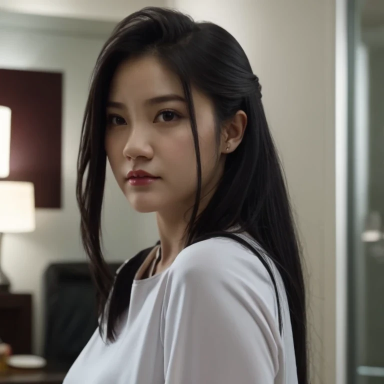 arafed woman with long black hair and a white shirt, she has a distant expression, iu lee ji-eun as a super villain, but a stern look about her, she has a cute expressive face, young wan angel, girl next door innocent look, high drama, sideways glance, kwak ji young, movie screencap, handsome girl, innocent look, brilliant, 1girl, solo