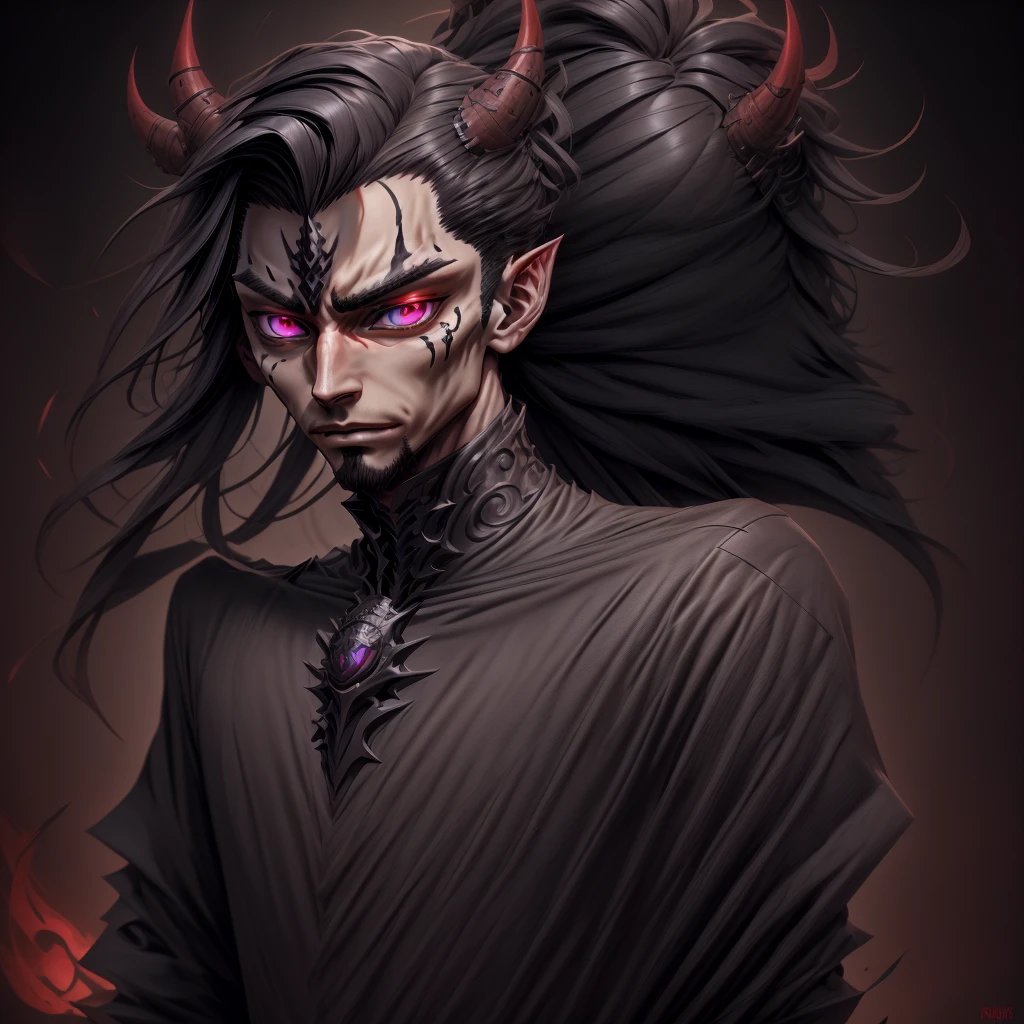 Porfavor, Illustrate a male villain in an anime version with the following characteristics that is all black, capa morada, ojos rojos, mascara, sonrinsa de villano y una espada de fuego
