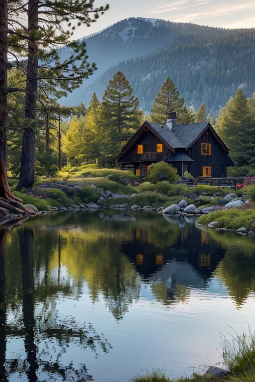 (exterior view,Cozy Cottage,Eoods,near Lake Tahoe Shore),(best quality,4k,8k,highres,masterpiece:1.2),ultra-detailed,(realistic,photorealistic,photo-realistic:1.37),landscape,vivid colors,warm tones,natural lighting,panoramic view,serene atmosphere,lush greenery,tranquil lake,peaceful surroundings,picturesque scenery,golden sunlight,reflection on water,crisp clear air,subtle breeze,cozy and inviting atmosphere,wooden cottage,Northern Californian charm,windows adorned with flower boxes,well-maintained garden,lakeside setting,winding pathway leading to the cottage,rocking chairs on the porch,idyllic escape,escape from the city,relaxation and rejuvenation,escape to nature,majestic mountains in the background,tall pine trees,sound of birds chirping,colorful wildflowers,hiking trails,adventure awaits,fresh morning dew on the grass,clean and fresh air,peace and tranquility.
