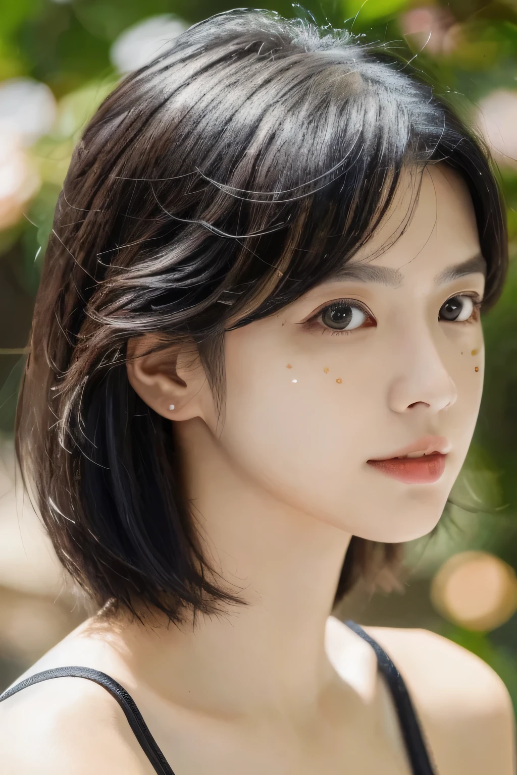 , Long winded [Blue-black:.3] hair,View your viewers, (masterpiece:1.3), (8k, Realistic, RAW Photos, highest quality: 1.4), Japanese, (One girl), Beautiful Face, (Realistic Face), (black hair, short hair:1.3), beautiful hairstyle, Realistic eyes, Beautiful fine details, (Realistic Skin), Beautiful Skin, Charm, Ultra-high resolution, Ultra-realistic, Very detailed, Golden Ratio,Multiple moles on the face