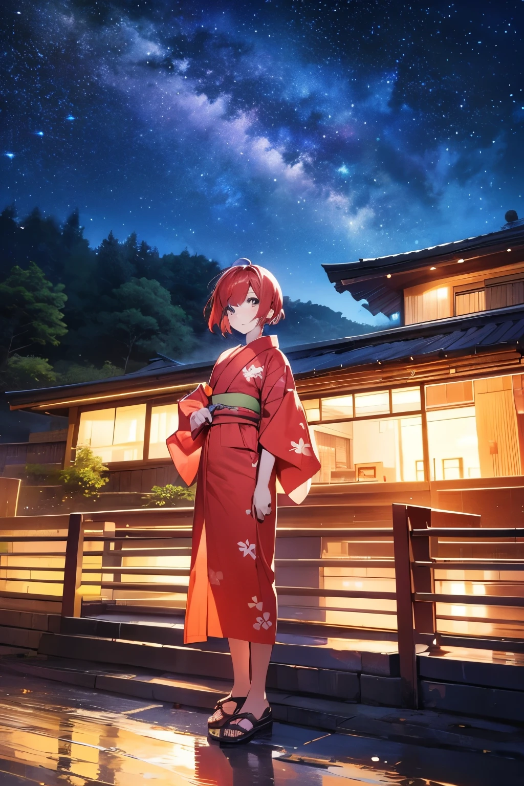 The background is a hill where you can see a starry sky.,Isometric image of a slender girl with red hair who looks like Shiina Mahiru wearing a red yukata,Full-body portrait