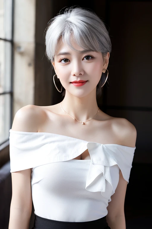 Beautiful woman white hair white dress