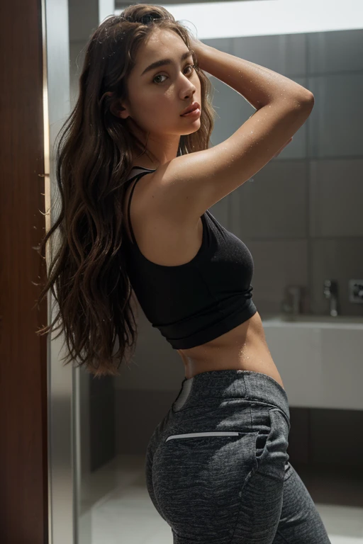 hay una mujer en sujetador deportivo, y pantalones de yoga rojos, retrato sophie mudd, , cuello grueso, 24 year old female model, latina, angelablanca, violeta myers, 22 years, ella lleva una camiseta sin mangas negra, 21 years, imagen de perfil, italian, italian latina, Alycia Debnam-Carey, mirando al frente,ojos color avellana, realista, Postprocesamiento, maximum detail, (extra long wavy brown hair), ((retrato)), ((cara detallada:1.2)), (alto detallado ,traje de gimnasio), ambiente de gimnasio, (colores frios), wet, wet, reflexiones, (cinematic lighting), (dramatic lighting) (Sharp focus) (intrincado), hacer flexiones, desnudo, aplastando