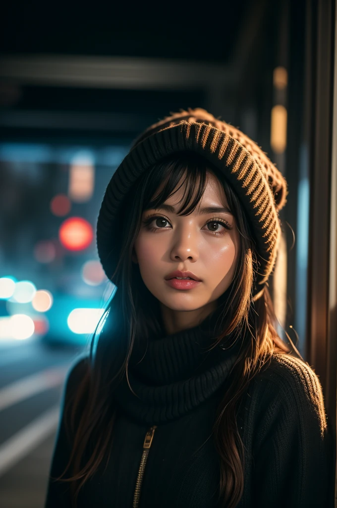 fotografia profissional de uma linda garota americana em roupas de inverno com cabelos loiros longos e ondulados, olhar sensual e sedutor, sardas, beautiful symmetrical face, linda maquiagem natural, vestindo roupas elegantes e quentes de inverno, parado do lado de fora em uma rua nevada da cidade
