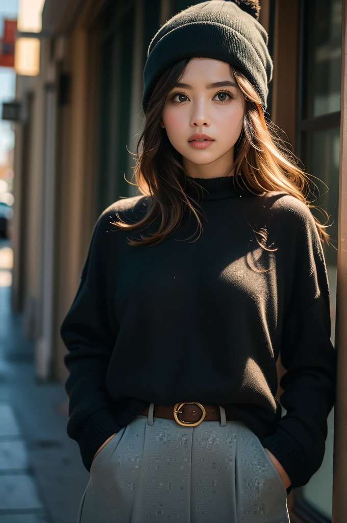 fotografia profissional de uma linda garota americana em roupas de inverno com cabelos loiros longos e ondulados, olhar sensual e sedutor, sardas, beautiful symmetrical face, linda maquiagem natural, vestindo roupas elegantes e quentes de inverno, parado do lado de fora em uma rua nevada da cidade