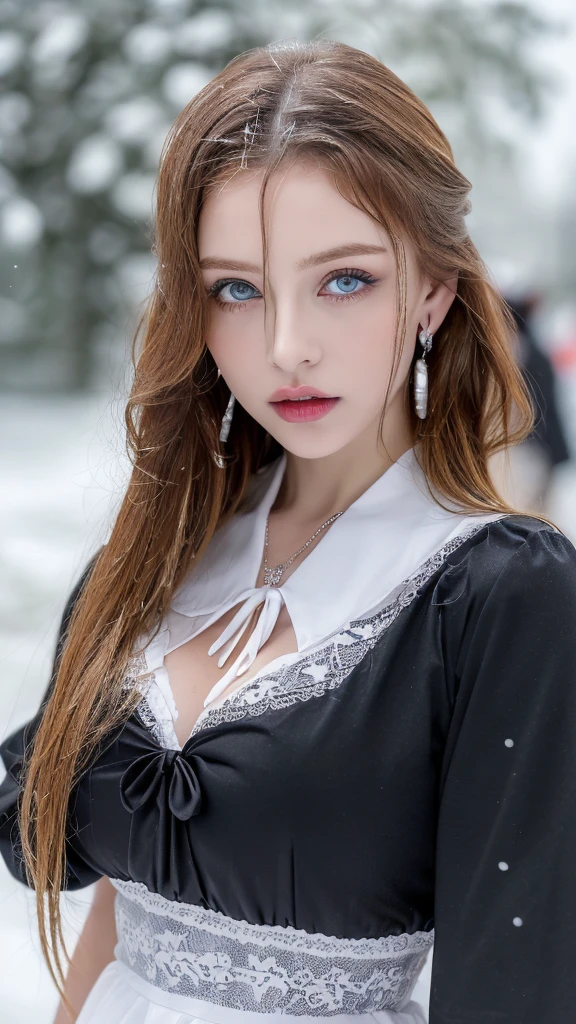 1 miniature Beautiful beautiful woman - Yuan Sayuki, ((top quality, 8K, Masterpiece:1.retty woman, 1 woman, huge breasts:1.3, a slim body:1.1, lush GINGER long hair with 2 buns, (shower, wet body, wet clothes:1.1), very detailed face, detailed lips, detailed eyes, double eyelids, Detailed blue eyes, чрезвычайно Detailed Outstanding Blue Eyes, long GINGER wet hair, GINGER wet hair, Detailed Outstanding Blue Eyes, innocent look at the viewer, very wet wavy white hair, Detailed Outstanding Blue Eyes, huge cross earrings, Outdoors, badges behind, gothic maid uniform,  sexy maid dress, bare chest, huge chest tattoo, detailed huge catholic cross earrings, chest tattoo, Outside, wear a silver cross (Detailed cross shape), reality mode, wet breasts, black necklace, human crowd behind, black latex gloves, hair of white snowy colour, night time, red neon lights, demonic nun, nimbus (golden lighting ring above her head), angel, snowy weather, sexy pose, white lingerie, black maid dress, detailed flower wreath made of different colours, open chest