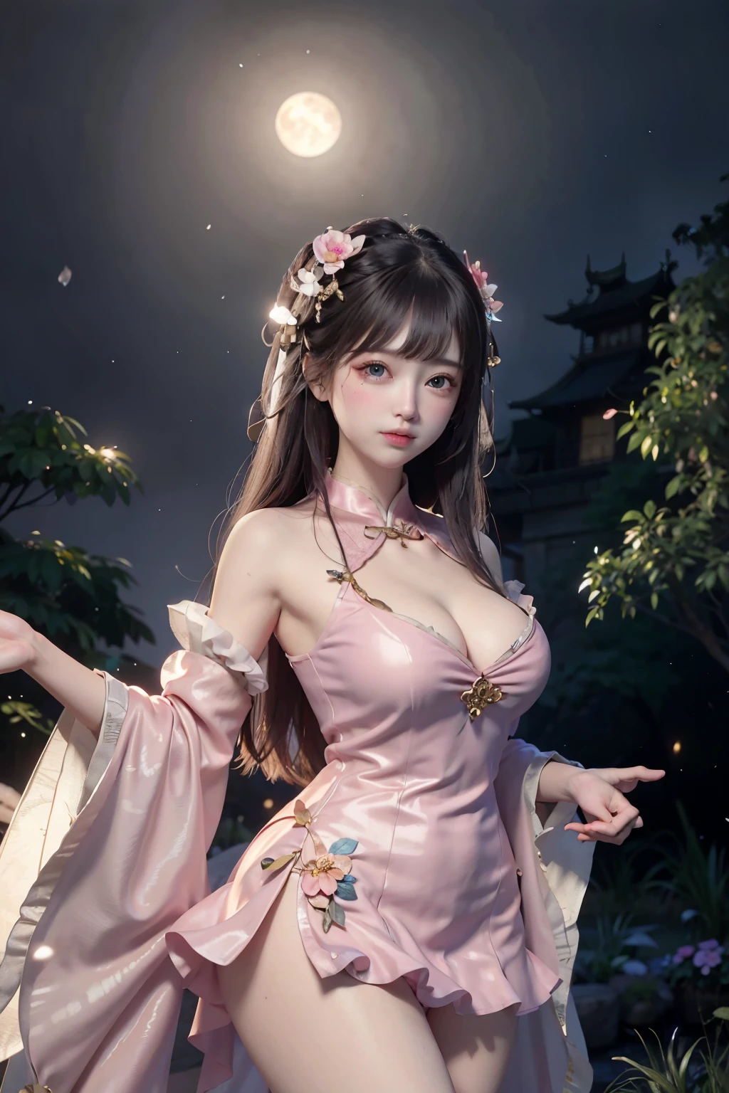 a Princess cute Hanfu dynasty open V-chested clothes royal, All Photos, Wet body in thin silk fabric, Thin silk lace petticoat,Princess 8 years olde ,Cleavage),petticoat, white pink, green ,highest quality,masterpiece,Ultra-high resolution,(realism:1.4),RAW Photos,(Real skin texture:1.3),(Film Grain:1.3),(Selfie angle),1 Giant breasts,Beautiful eyes and facial detailasterpiece,The best quality at its best,Exposing thighs and breastore exposed breasts, Detailed Hair,Looking down and towards the camera,Short Dress Princess Eyes,Super big eyes,Detailed face,Sparkling Eyes, Pink Dress (Garden,Palace of the Moon,), short dress skirt, in lace petticoat flower