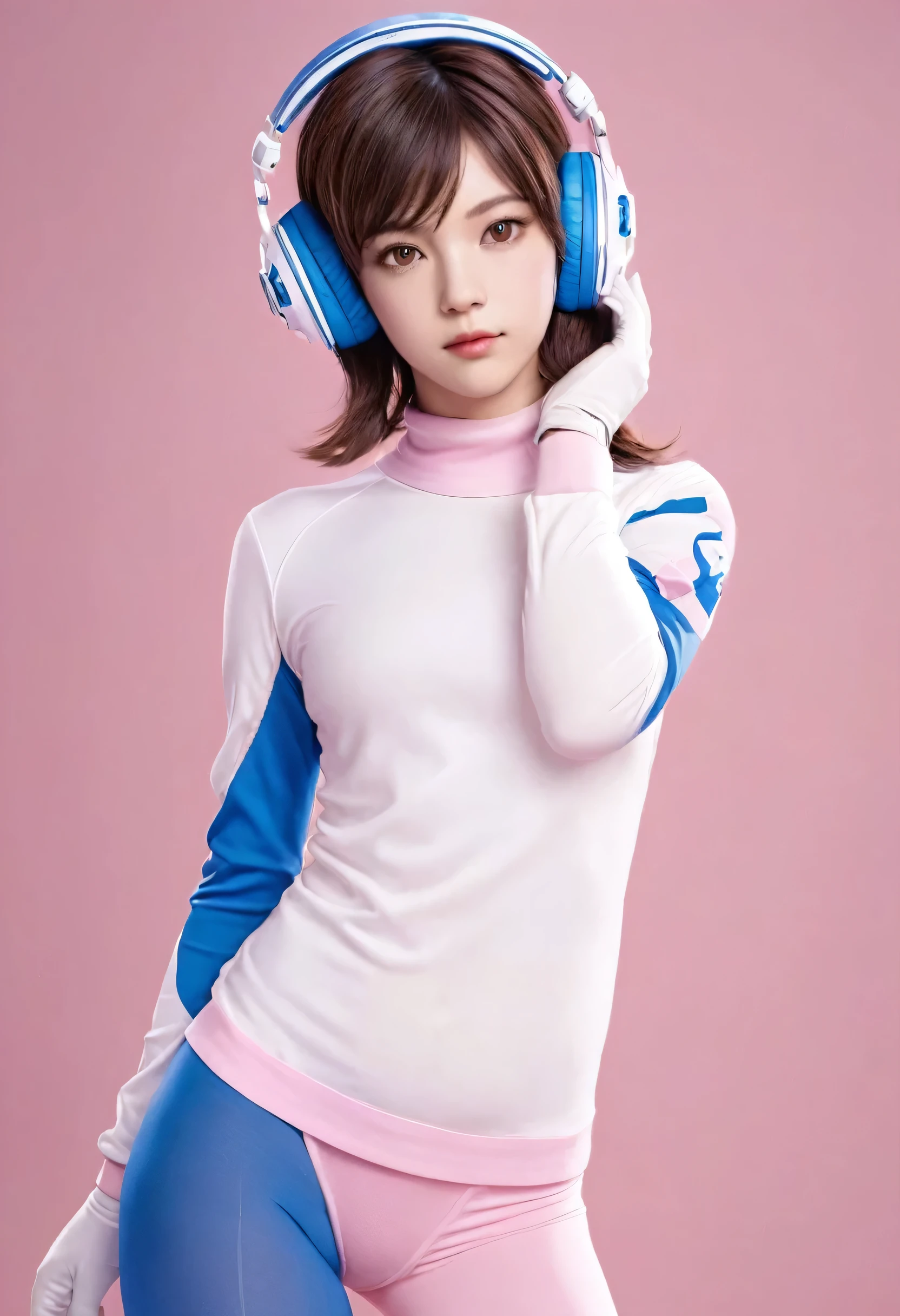 Masterpiece, Best Quality, High Resolution, 1girl, Super High Resolution, Solo, Mech Pilot, D.VA, Headphones, Pink Eyes, Blue Tights, Brown Hair, White Gloves, Cat Face Adornament,