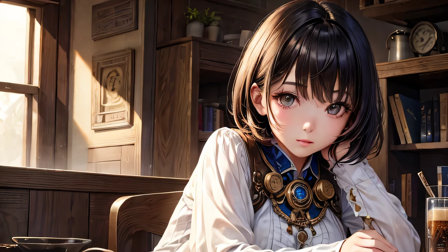 highest quality、masterpiece、Ultra-high resolution、Detailed and highest quality depiction of the upper body、(Realistic:1.4)、1 female、28 years old、Super big 、The ultimate beauty、so beautiful, Shiny, Light、short hair、Bangs that cover the eyes、片Bangs that cover the eyes、Very large bright eyes、Eye highLights、charm、Detailed steampunk costumes、Steampunk medieval background、Gear elements、