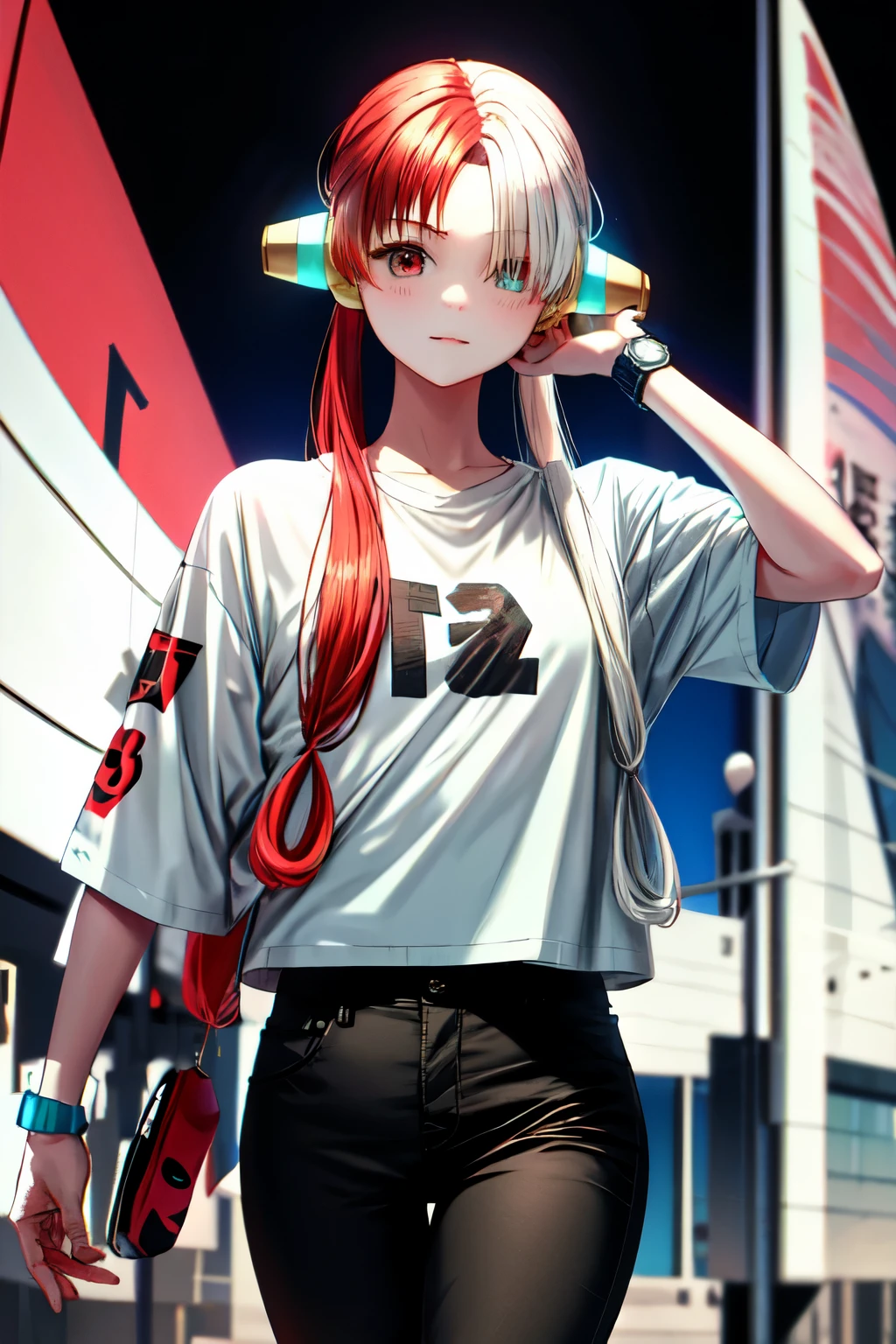 Uta, 1girl, white and red hair, blue shirt over white tshirt, black pants, wearing watch