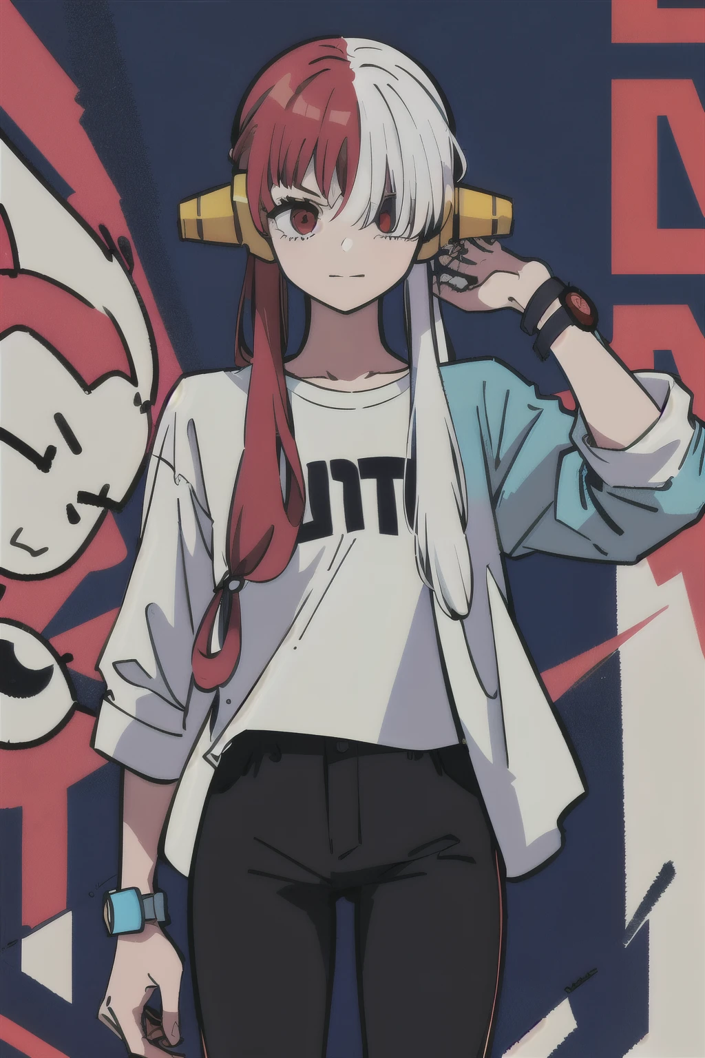 Uta, 1girl, white and red hair, blue shirt over white tshirt, black pants, wearing watch