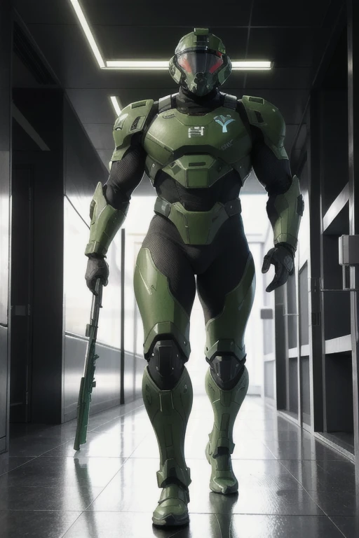 Futuristic space station corridor、With a huge futuristic rifle、Green Doomguy from DOOM wearing Doom Marine armor and helmet、A 21 year old muscular woman with big walks by.。