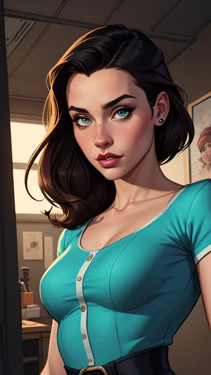 Personagem mulher estilo atompunk Fallout 4 cabelos pretos atriz Ella Purnell com marcas de guerras Imagem de desenho animado de uma mulher .Ilustracaoo estilo desenho animado, estilo de arte dos desenhos animados, estilo de arte dos desenhos animados, digital illustration style, estilo atompunk design de personagens altamente detalhado, arte digital detalhada coragem,actress Ella Purnell with black hair slim body Forest fan art, Design de cabelos pretos personagens de retrato, beautiful digital illustration, retrato de alta qualidade, Arte em quadrinhos, s . Eyelined eyes, medium bust and wonderful sexy clothes. image expression of sexual desire from waist to head illustration atompunk style Fallout 4 The perspective is from below, enfatizando a majestade e o poder da Gigante."atriz Ella Purnell cabelos pretos um close up de uma mulher com um vestido vermelho segurando uma arma, artgerm julie bell beeple, glamorosa Jill Valentine, inspirado em Raymond Swanland, Resident Evil, Artgerm Craig Mullins, Cutesexyrobutts, inspirado em Marek Okon, estilo de Raymond Swanland, Resident Evil inspired, Artgerm detailedstyle Cartoon style digital illustration GTA style