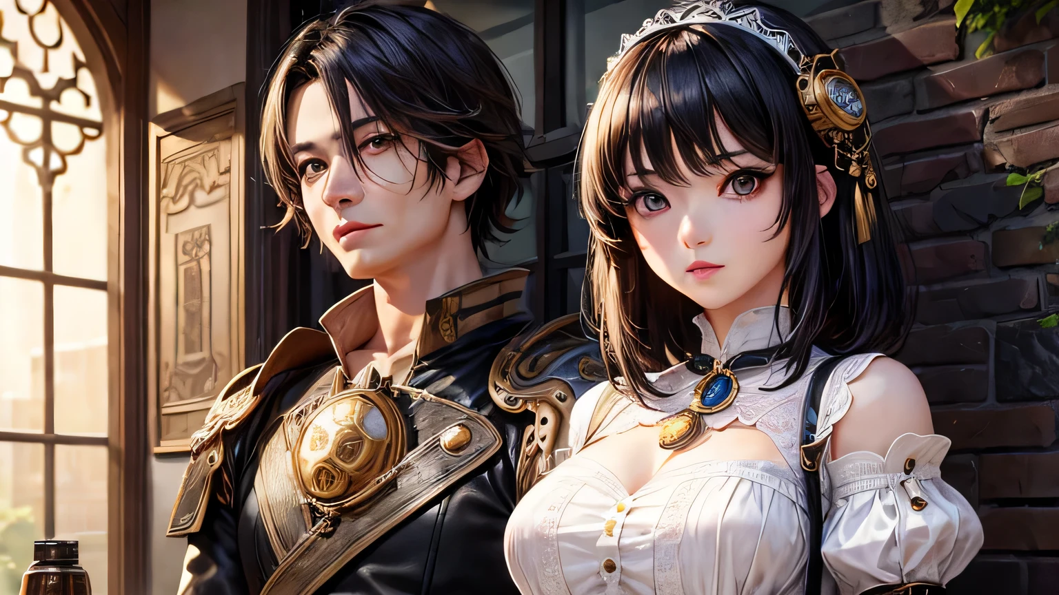 highest quality、masterpiece、Ultra-high resolution、Detailed and highest quality depiction of the upper body、(Realistic:1.4)、1 female、28 years old、Super big 、The ultimate beauty、so beautiful, Shiny, Light、short hair、Bangs that cover the eyes、片Bangs that cover the eyes、Very large bright eyes、Eye highLights、charm、Detailed steampunk costumes、Steampunk medieval background、Gear elements、