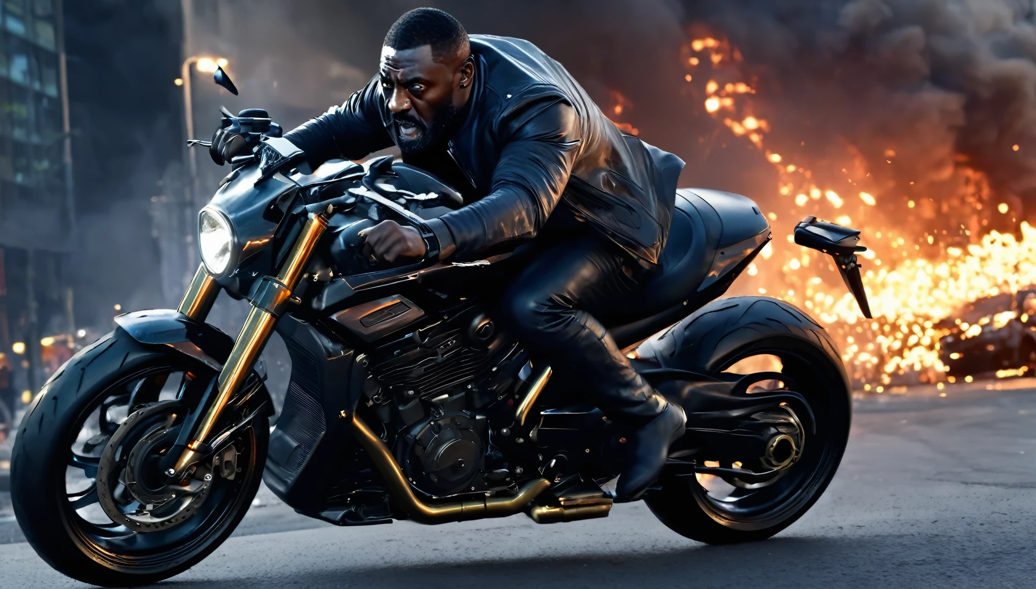 "(best quality, 4k, 8k, high resolution, masterpiece: 1.2), ultra detailed, (realistic, photorealistic, photorealistic: 1.37), man with the face of Idris Elba, dressed as BLADE, vampire slayer, (in the middle of the night), (driving a futuristic motorcycle) modern city, wet street, (in the background huge fire explosions, sparks, horror image, suspense, frown, lines of movement, lines of movement, lines of speed). , anatomically correct, textured skin, super detail, high quality, high details, award-winning, high resolution, 8k, 1080P, HD