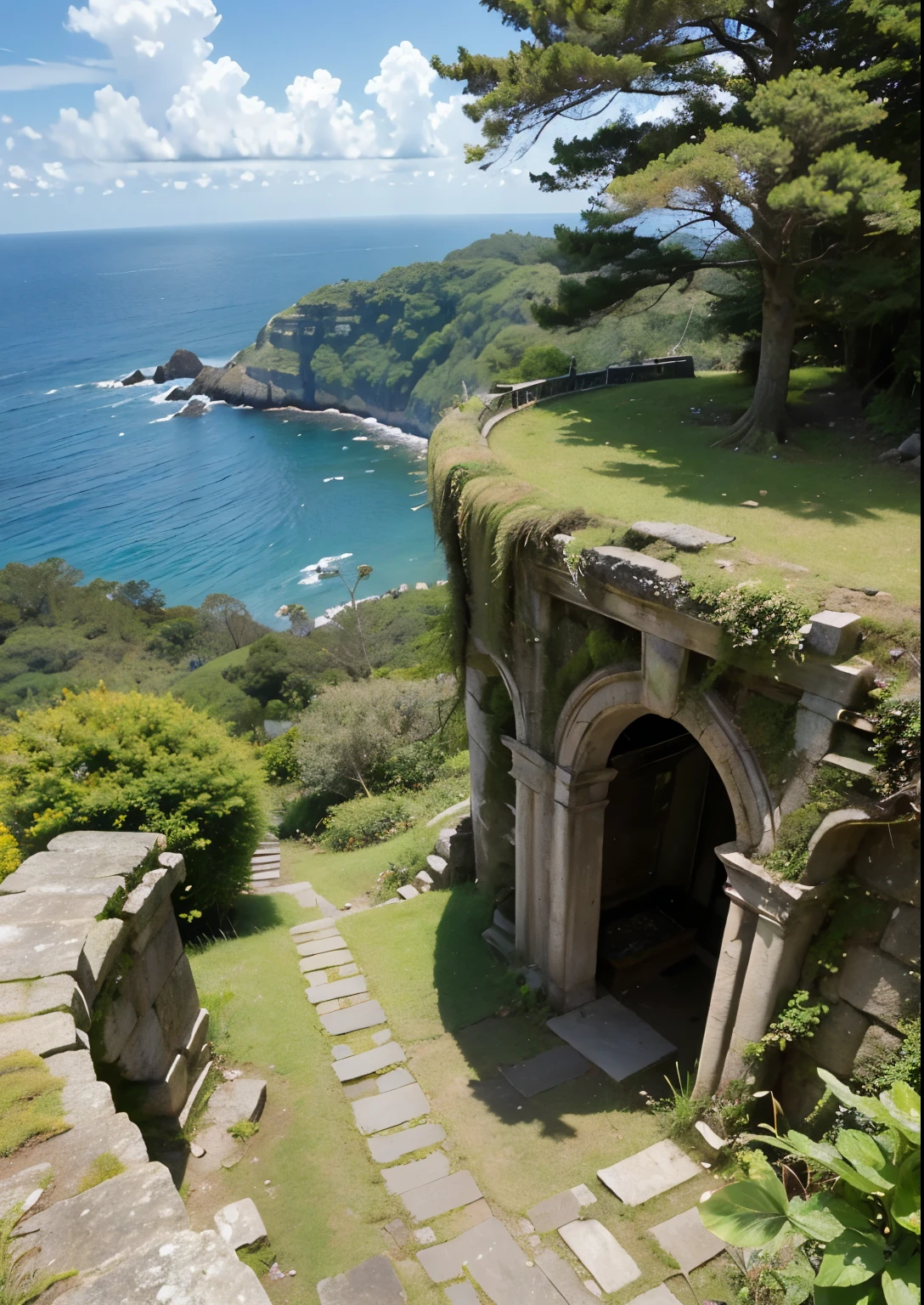 (masterpiece、highest quality:1.2)、8k、You can see the ocean、Ancient ruins on the cliff、It is covered with moss and ivy.