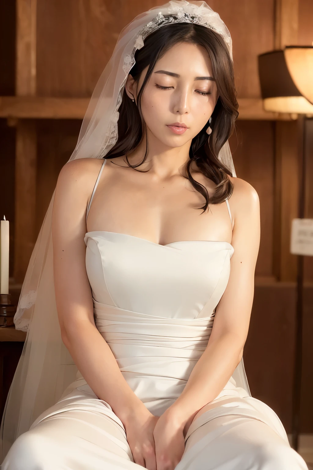 ((Generated in SFW)), (Alone:1.3), Japanese women, 40 years old, Female investigator, the body is slim, (((Front view))), (highest quality:1.4), 32k resolution, (Realistic:1.5), (超Realistic:1.5), High resolution 32k UHD, (masterpiece:1.2)), (Improvement of quality:1.4), (Very beautiful facial details), (highest qualityのリアルな質感の肌:1.4), (Perfect Anatomy:1.2), ((Sitting:1.97)), ((Sleeping:1.97)), ((Upper body slouched:1.97)), ((Wedding dress:1.57)), Very detailed, Symmetrical eyes, Natural Makeup, ((A great eye for quality:1.2)), (Beautiful Lips:1.33), (Great nose:1.2), (Center of chest), (Large Breasts:1.55), Black Hair, Long Wavy Hair