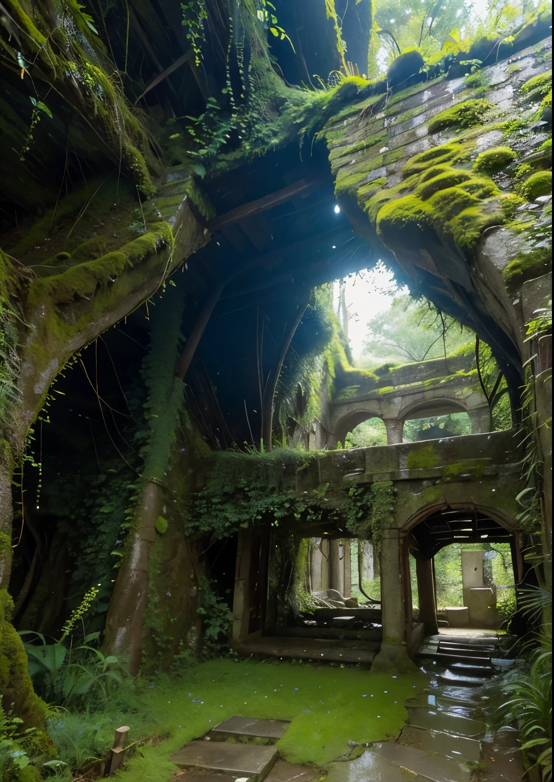 (masterpiece、highest quality:1.2)、8k、You can see the ocean、Ancient ruins on the cliff、It is covered with moss and ivy.