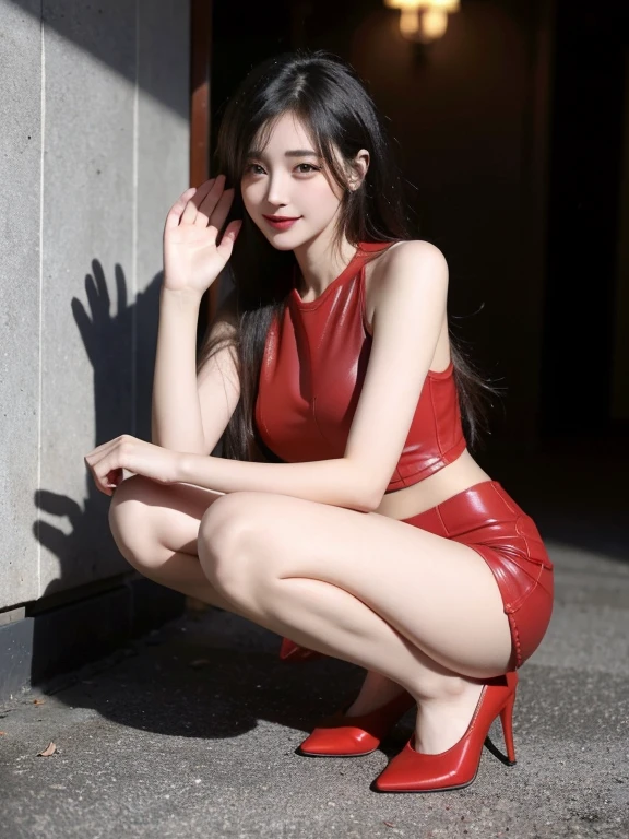 daughter,face camera,Luxurious bedroom,squat,Long legs,Bare legs,(Focus on the thighs),,(ta costume), Horizontal viewing angle)), , (8k, .Original, professional, best quality, masterpiece: 1,2), (endless realism), Super detailed, Huge breasts, Thin waist,(Skin with the highest level of detail: 1,2), (Exquisite dial details:1.2),Small red leather shoes , looking at camera, Put your hands behind your back,Happy expression,乖巧obedient,Focus on everything,性格温柔obedient、Likeable,付出型性格和Likeable的个性,绝对obedient、obedient,Waiting for command
