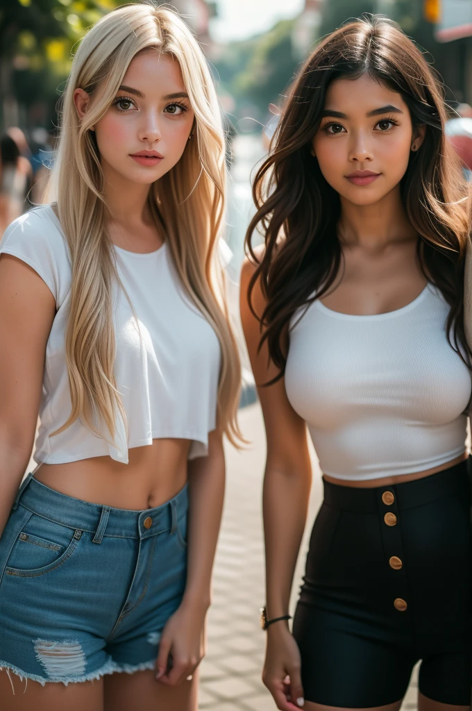 professional photograph of a beautiful American girl in summer clothes with long wavy blonde hair, olhar sensual e sedutor, sardas, beautiful symmetrical face, linda maquiagem natural, wearing short clothes ideal for summer, parada do lado de fora na rua ensolarada da cidade