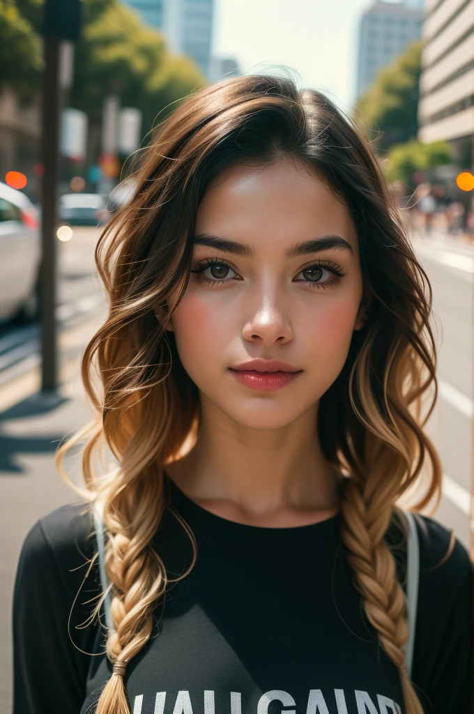 professional photograph of a beautiful American girl in summer clothes with long wavy blonde hair, olhar sensual e sedutor, sardas, beautiful symmetrical face, linda maquiagem natural, wearing short clothes ideal for summer, parada do lado de fora na rua ensolarada da cidade