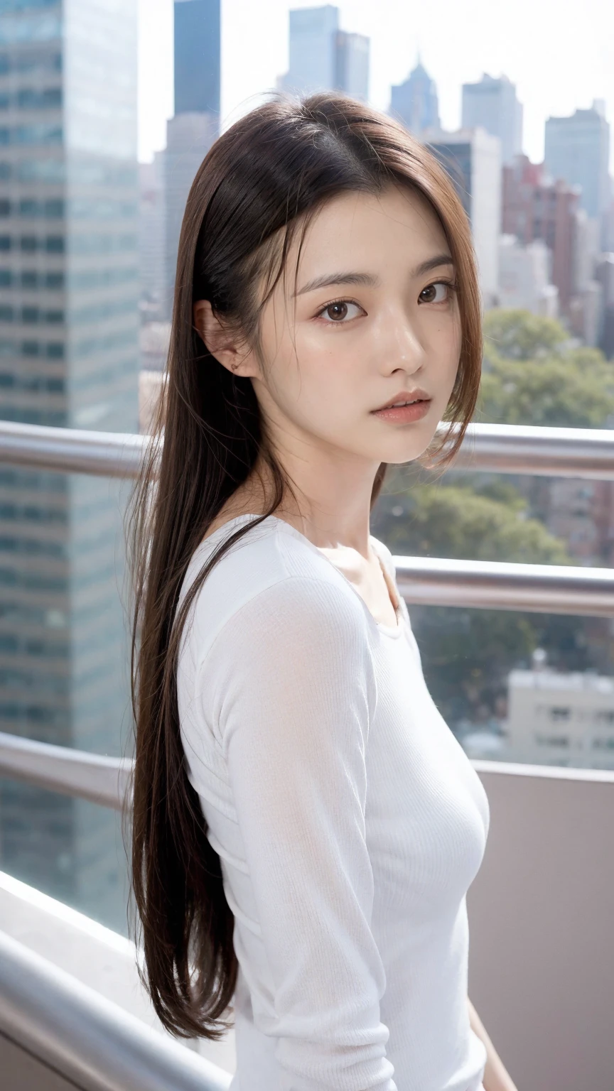 ((1girl)), in white long sleeve shirt, instant camera flash, pose at balcony with New York City as a background, makeup with glossy lip, small breasts, (girl in balcony:1.4), various angle, ((faced focus)), 22 years old, Beautiful Japanese Girl, standing pose, (sfw:1.4), realistic light, realistic skin tone