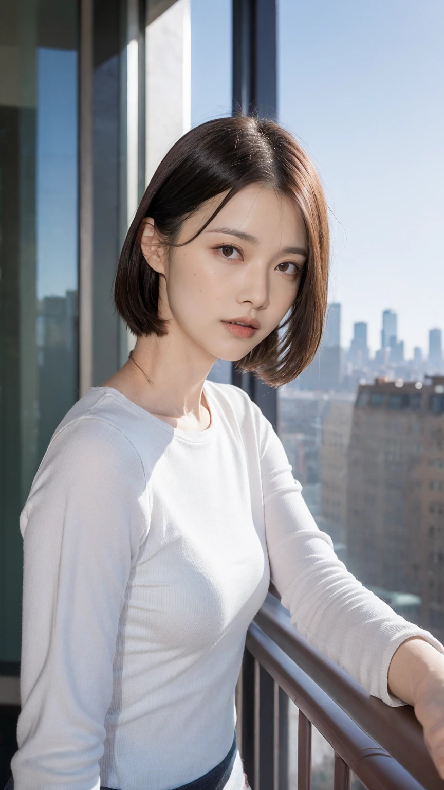 ((1girl)), in white long sleeve shirt, instant camera flash, pose at balcony with New York City as a background, makeup with glossy lip, small breasts, (girl in balcony:1.4), various angle, ((faced focus)), 22 years old, Beautiful Japanese Girl, standing pose, (sfw:1.4), realistic light, realistic skin tone