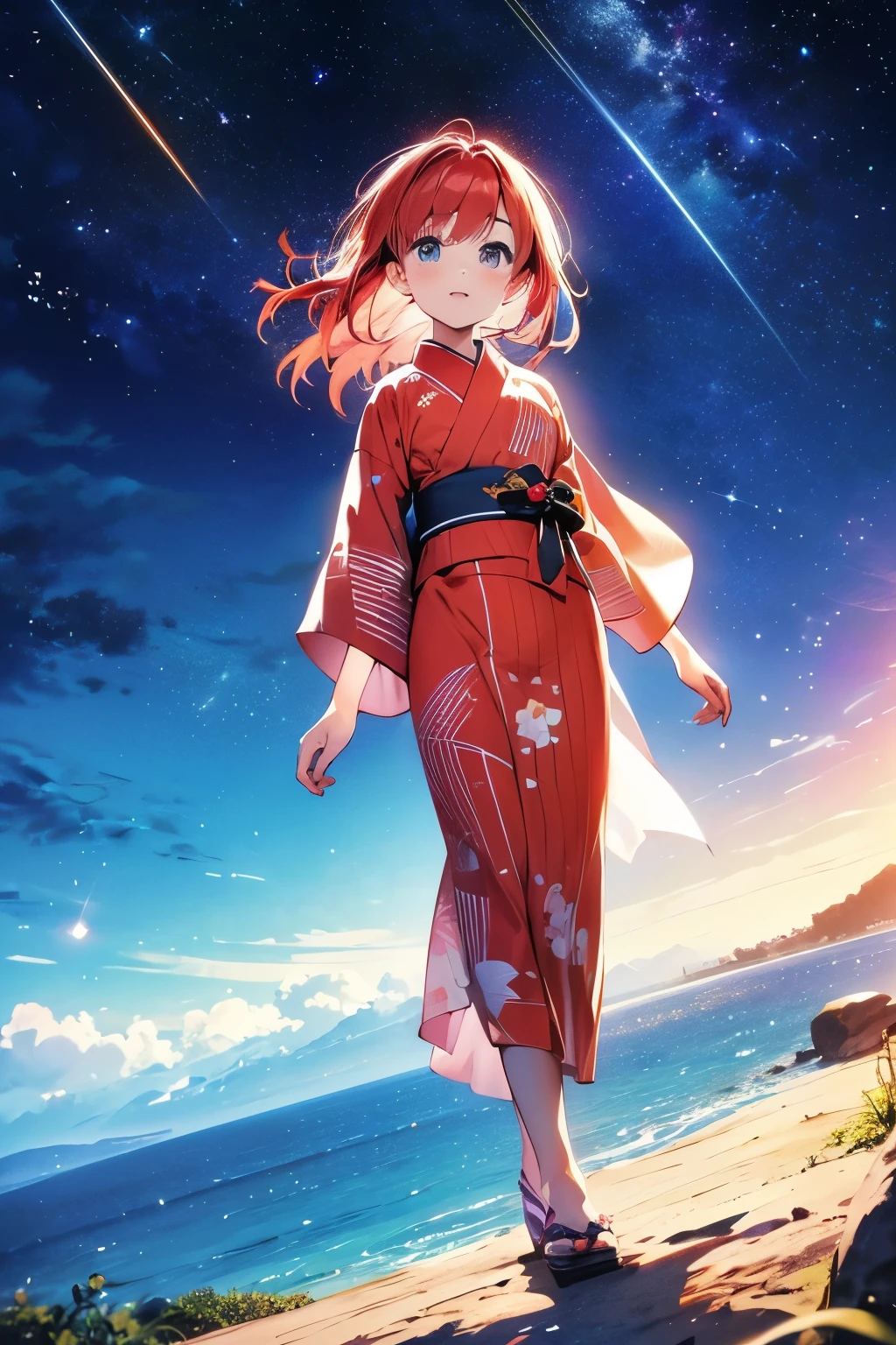 The background is a hill where you can see a starry sky.,Isometric image of a slender girl with red hair who looks like Shiina Mahiru wearing a red yukata,Full-body portrait