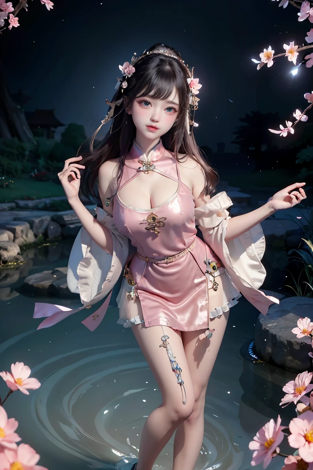 a Princess 8 cute Hanfu dynasty open V-chested clothes royal, All Photos, Wet body in thin silk fabric, Thin silk lace petticoat,Princess 8 years olduge ,Cleavage),petticoat, white pink, green ,highest quality,masterpiece,Ultra-high resolution,(realism:1.4),RAW Photos,(Real skin texture:1.3),(Film Grain:1.3),(Selfie angle),1 Giant breasts,Beautiful eyes and facial detailasterpiece,The best quality at its best,Exposing thighs and breastore exposed breasts, Detailed Hair,Looking down and towards the camera,Short Dress Princess Eyes,Super big eyes,Detailed face,Sparkling Eyes, Pink Dress (Garden,Palace of the Moon,), dress skirt, lace petticoat flower white