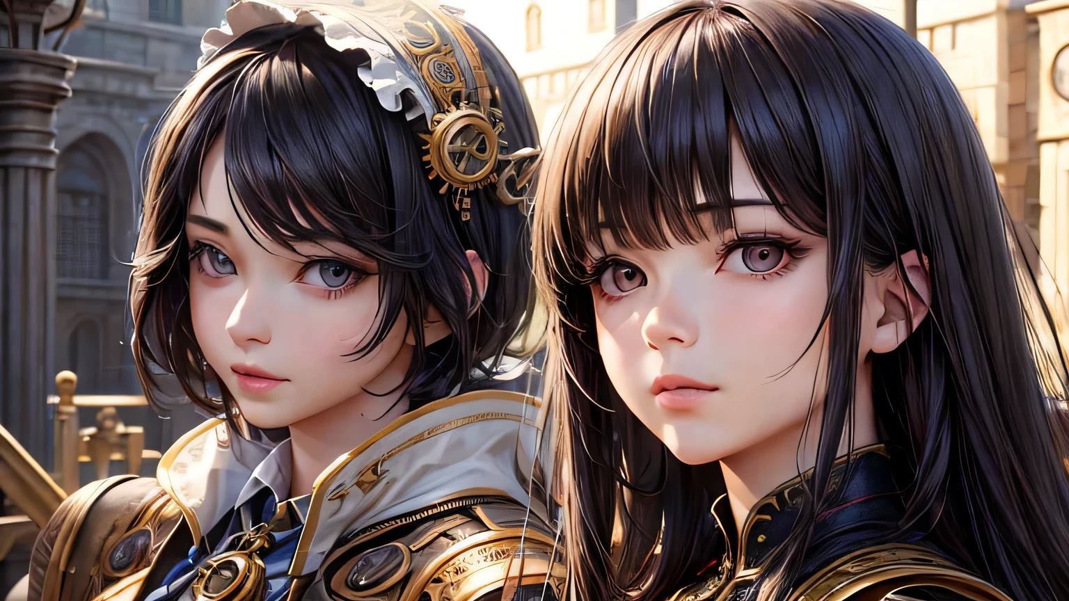 highest quality、masterpiece、Ultra-high resolution、Detailed and highest quality depiction of the upper body、(Realistic:1.4)、1 female、28 years old、Super big 、The ultimate beauty、so beautiful, Shiny, Light、short hair、Bangs that cover the eyes、片Bangs that cover the eyes、Very large bright eyes、Eye highLights、charm、Detailed steampunk costumes、Steampunk medieval background、Gear elements、Sepia、vapor、
