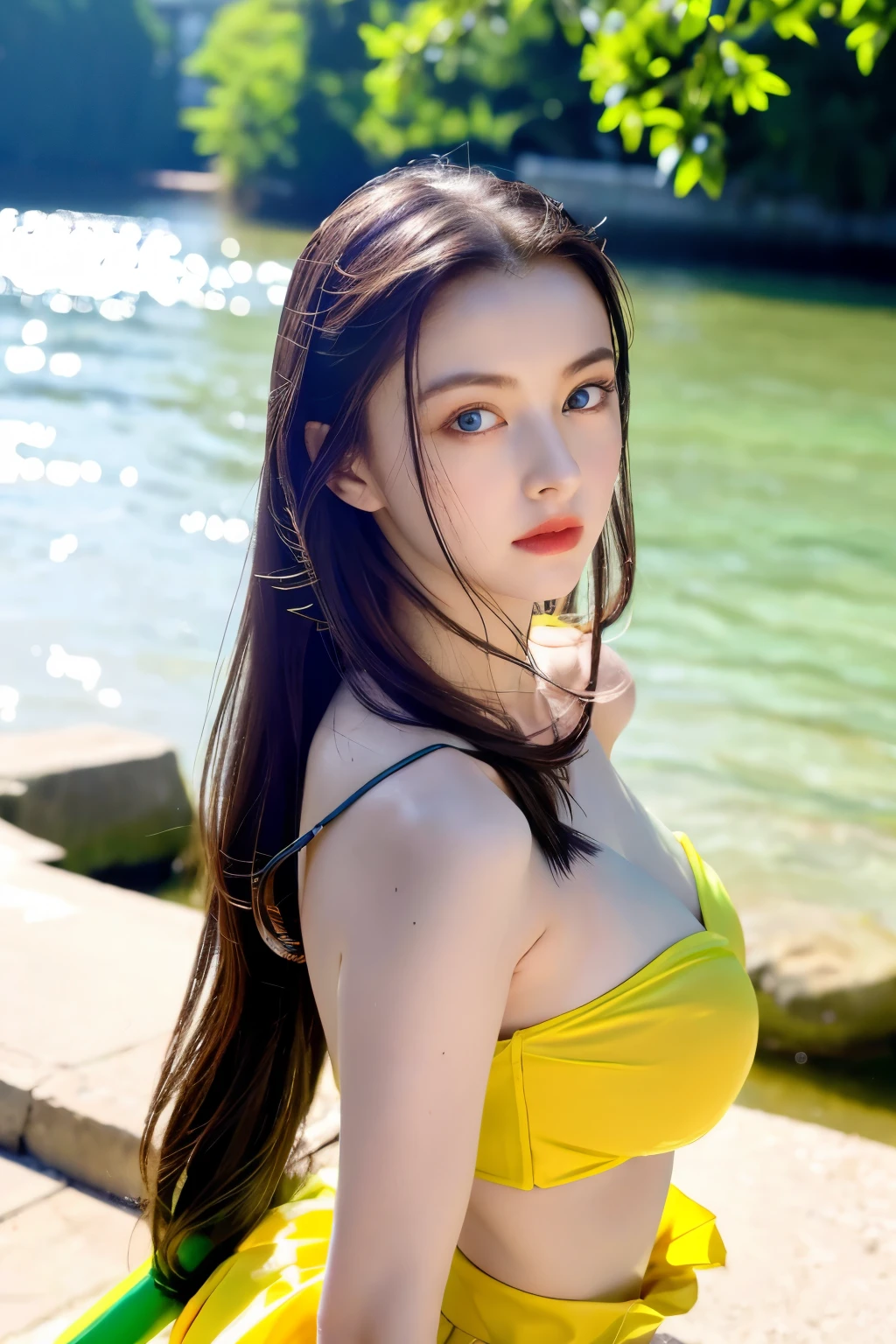 ((best quality)), ((masterpiece)), (detailed), (perfect face) A sexy woman is standing prepare for swim near the river, she is wearing purple gown with blue eyes and she was holding a green and yellow sword. The scene appears to be in brightly dark, with the individual being the main focus of the image.
