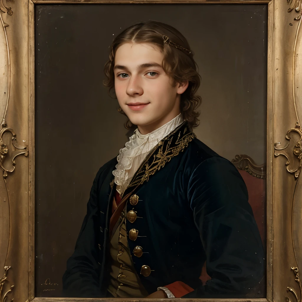18th century oil painting, oil painting portrait 18th century, age czech prince, smiling teen blond young czech noble young man