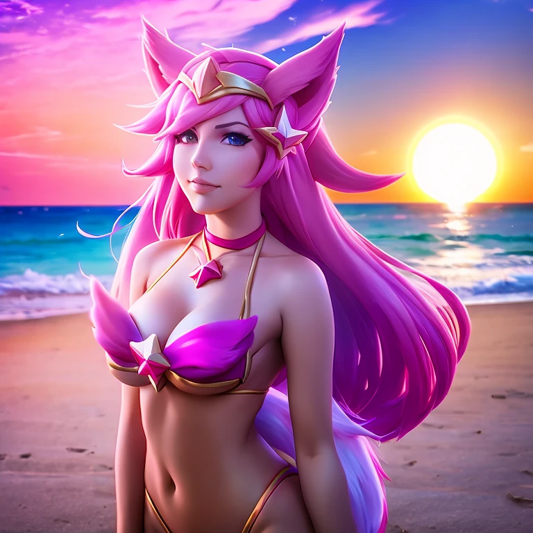 Star guardian Ahri, bem detalhado, pink bikini, na praia, mostrando o corpo todo, durante o por do sol, com suas 9 caldas bastante chamativas.