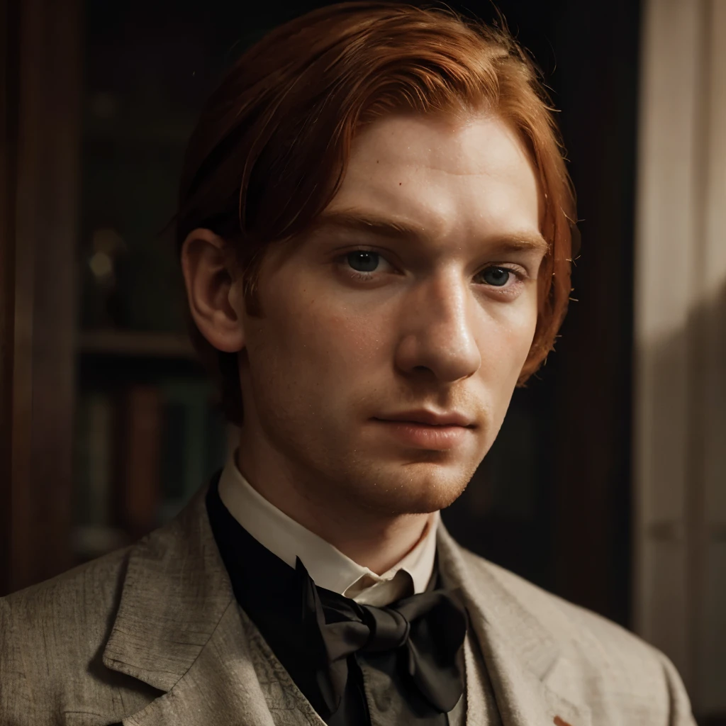 1930 american man, 1930 portrait, redhair man, ginger hair, Domhnall Gleeson, clear skin, 1930 photo style, 1930 portrait style, 1930 phot filter, aristocratic clothes