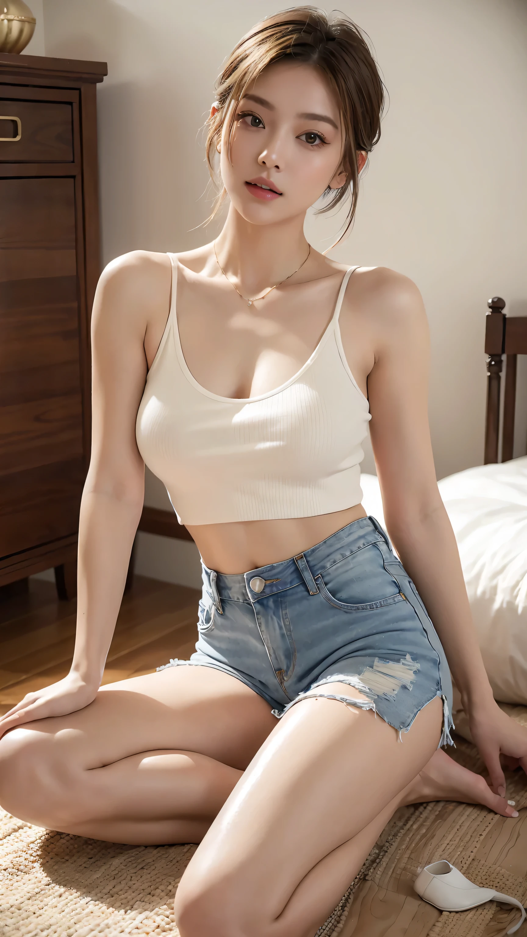 Masterpiece, best quality, super fine, 16k, incredibly absurdres, extremely detailed, beautiful woman, amorous and lewd expression, glossy white-gold messy short hair, side braided, She is wearing a loose-fitting beige tank top sweater with a wide open chest, and low-rise shorts made of distressed jeans., superlative body proportion, sitting, wide open legs, background dark basement, Bedroom,
