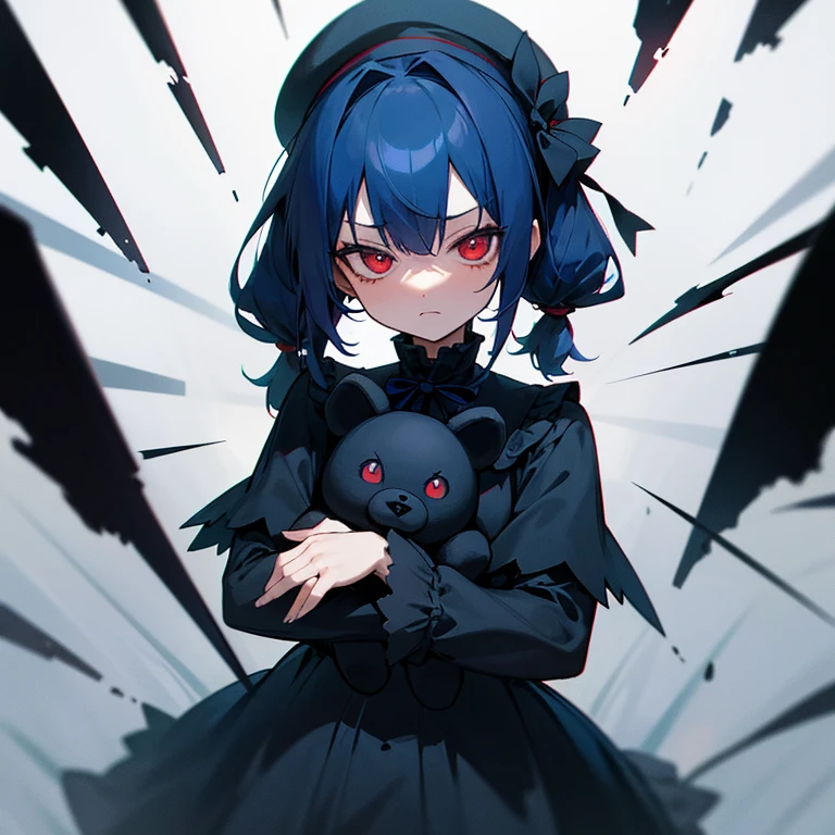 Holding a black teddy bear, human, Enemies of magical girls, , Navy Blue Hair, low hair volume, Short Pigtails, Fluffy bangs, Red eyes, (Black Beret), (Black Gothic Lolita), Blibbon, (黒色の熊のcuteぬいぐるみ), cute, evil, Expressionless, Pull, Front light, dark, dark, Vacant space, evil夢